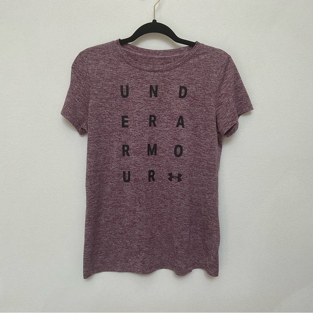 Under Armour Maroon Heat Gear Spellout T-Shirt Size Small Loose Fit Workout